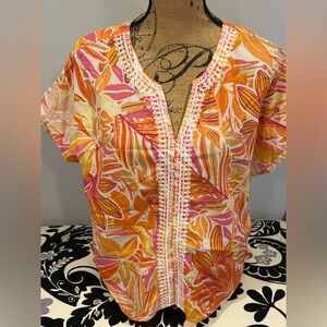 C&C California Vibrant Orange and Pink Floral Blouse